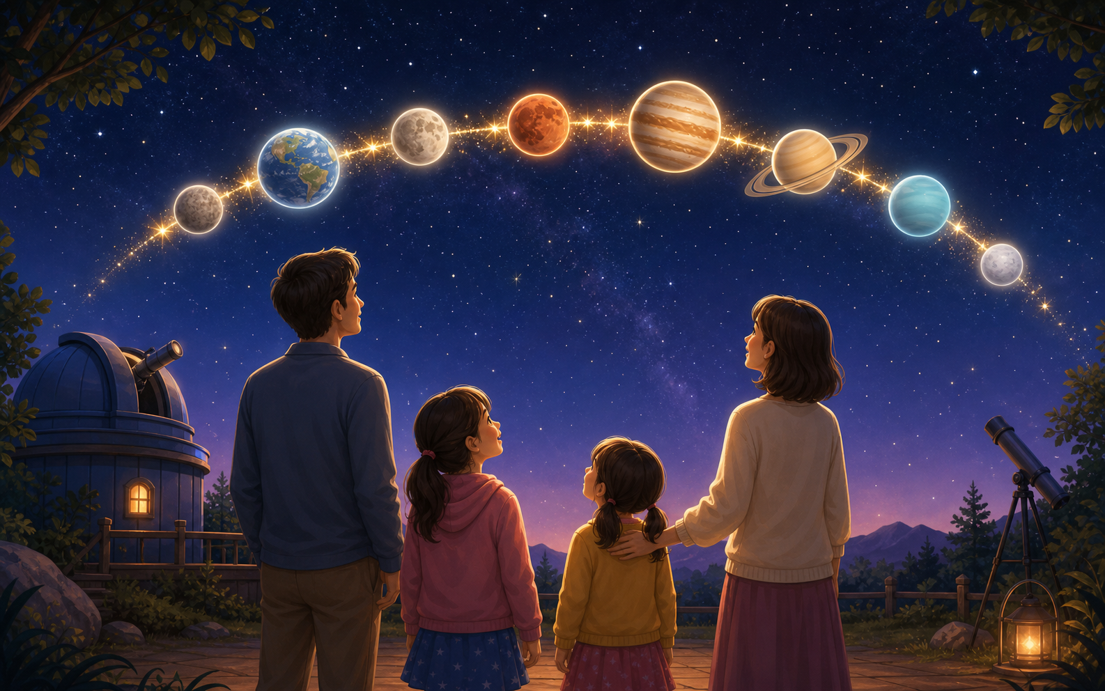 太陽系をたんけんしおえた家族が星の道を見ているえ