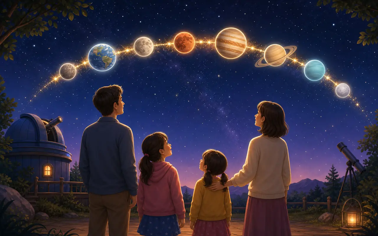 太陽系をたんけんしおえた家族が星の道を見ているえ