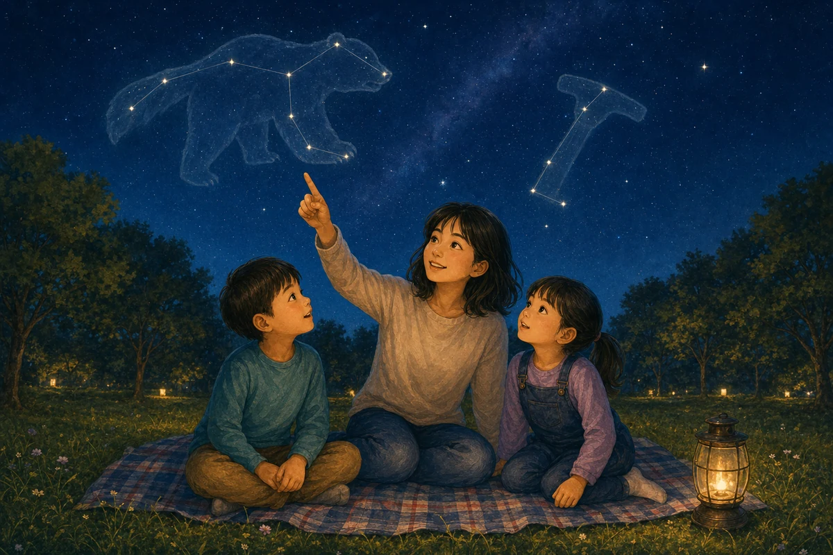 星の並びを細い線でつなぎ動物と道具の形を思い描く親子