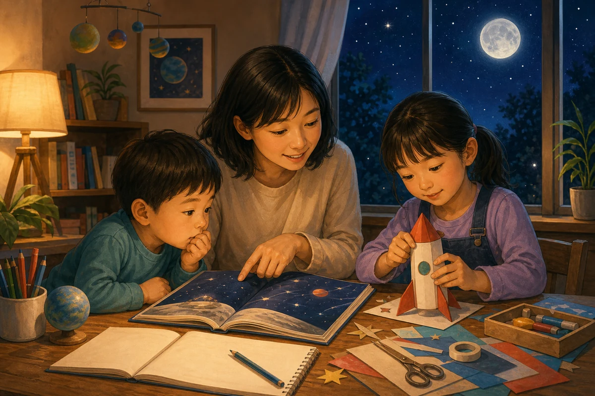宇宙の本と観察ノートと紙のロケットを囲む親子