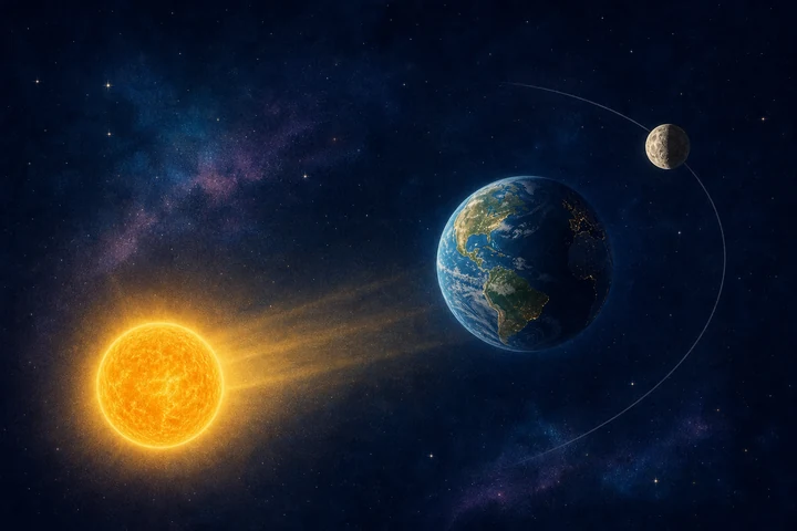 太陽の光を受ける地球とその周囲を回る月