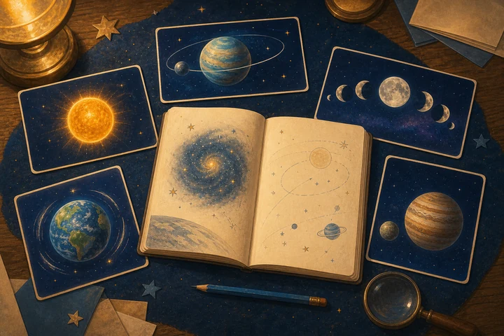 星や軌道や月の満ち欠けを絵で示した宇宙ことばカード