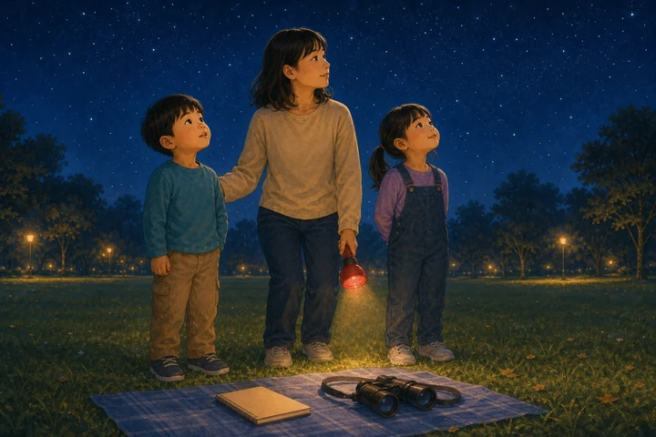 安全な公園で立ち止まり大人と夜空を見る子どもたち
