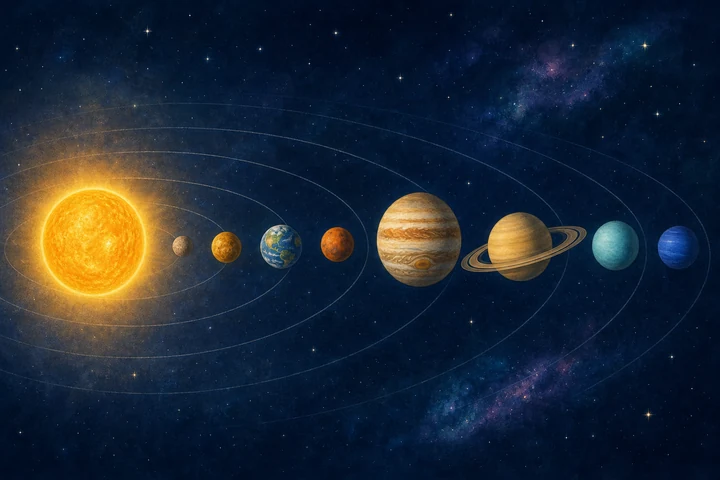 太陽から順に八つの惑星が軌道に並ぶ太陽系