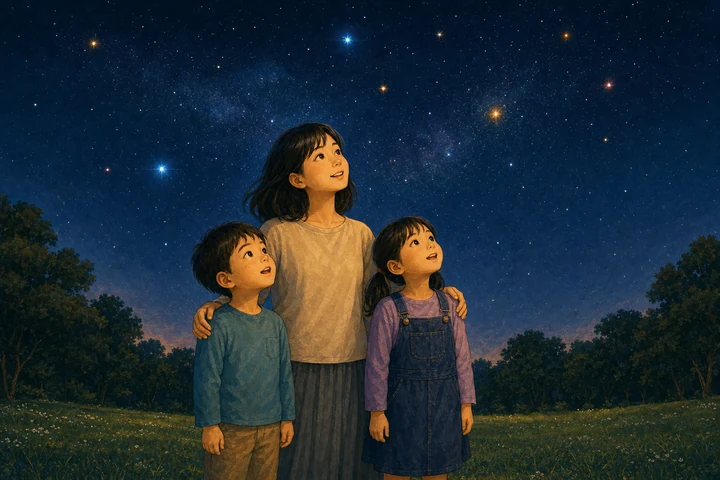 明るさと色の違う星を安全な公園で見上げる親子