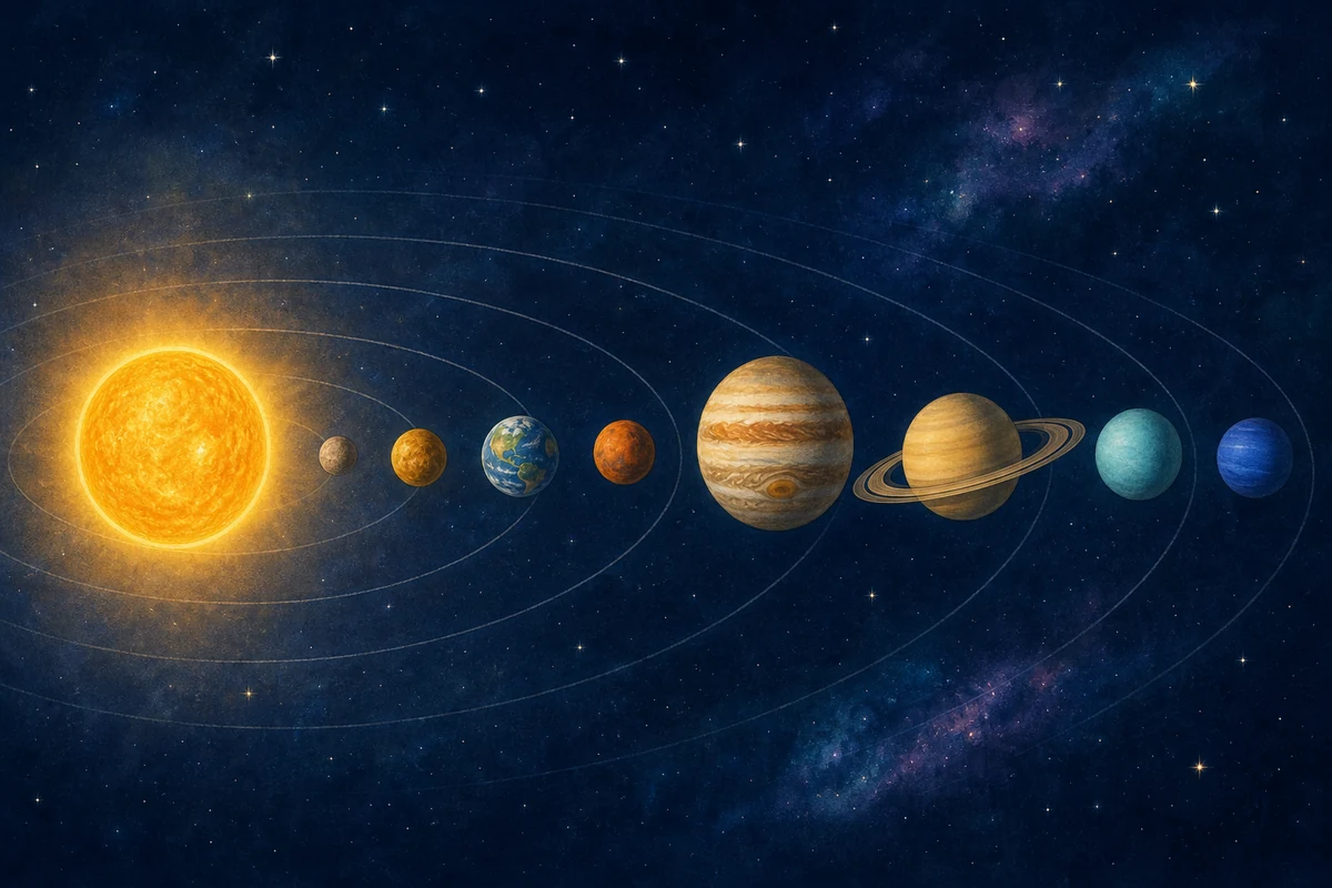 太陽を中心に水星から海王星まで八つの惑星が並ぶ