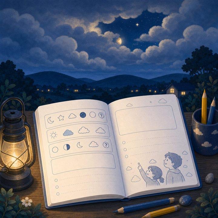 雲の切れ間の空と観察ノートのイラスト