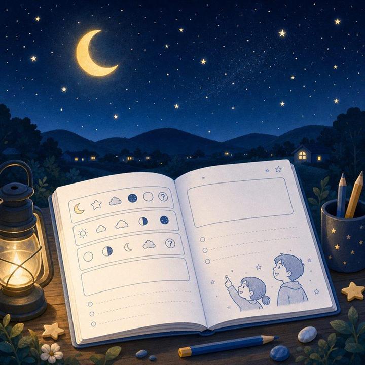 月と星が見える夜空と観察ノートのイラスト
